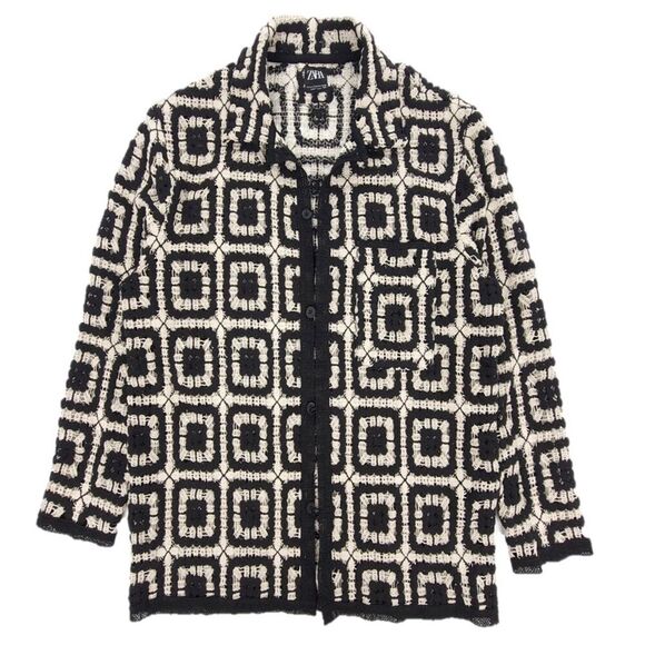 NEW Zara Crochet Overshirt Beachy Boho Knit Button Down Shirt Jacket Black Ecru - Picture 1 of 8